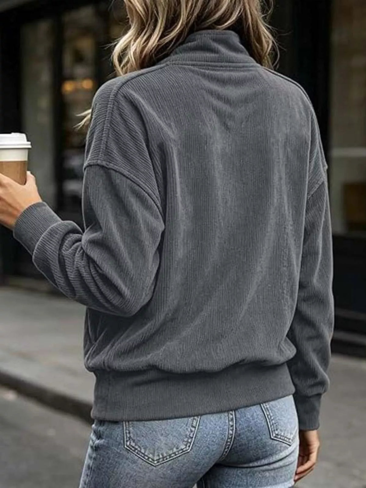 Back view of Lyric quarter-snap kangaroo pocket sweatshirt