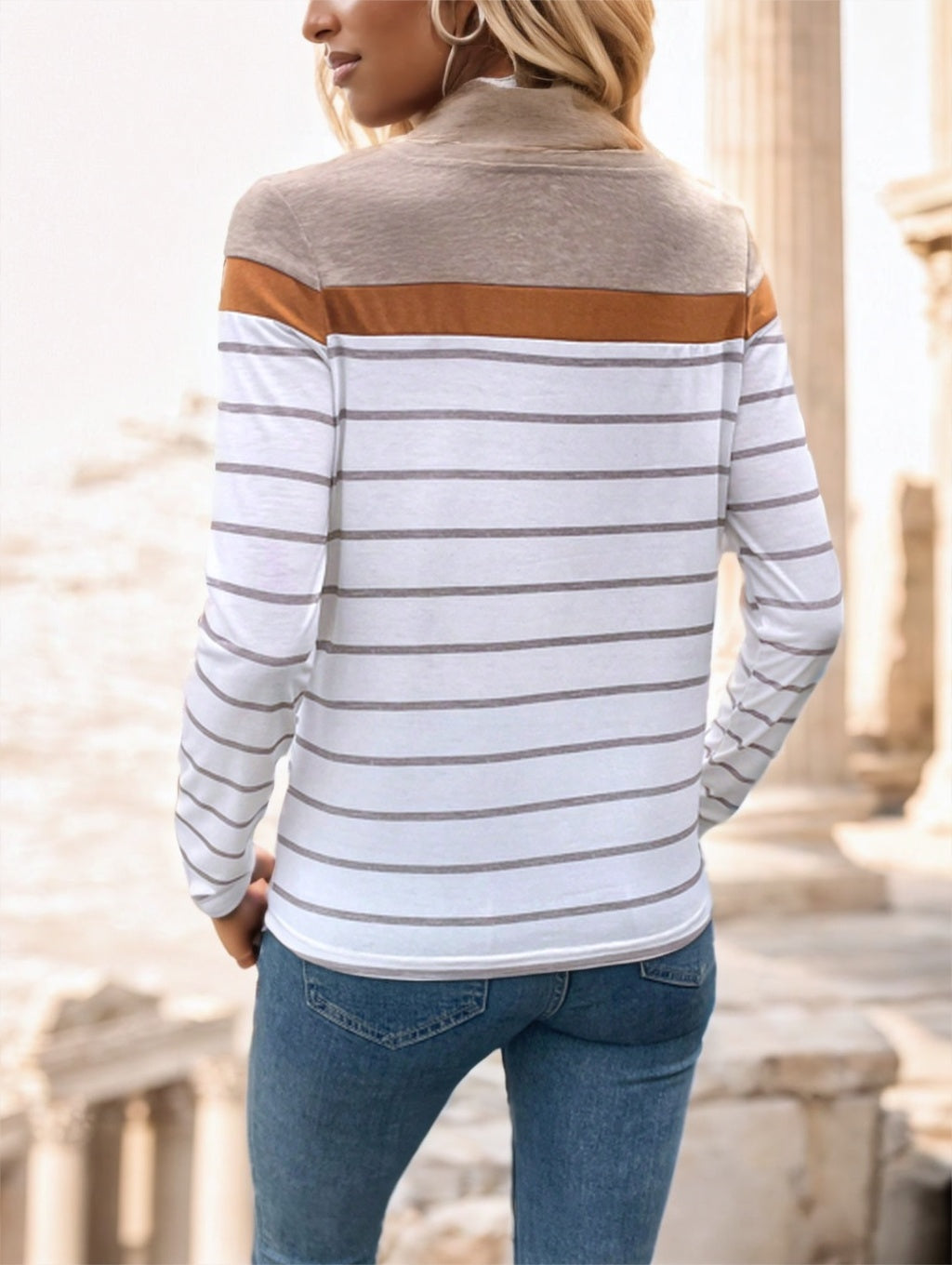 Riviera striped color-block long sleeve tee in cream rust, back view