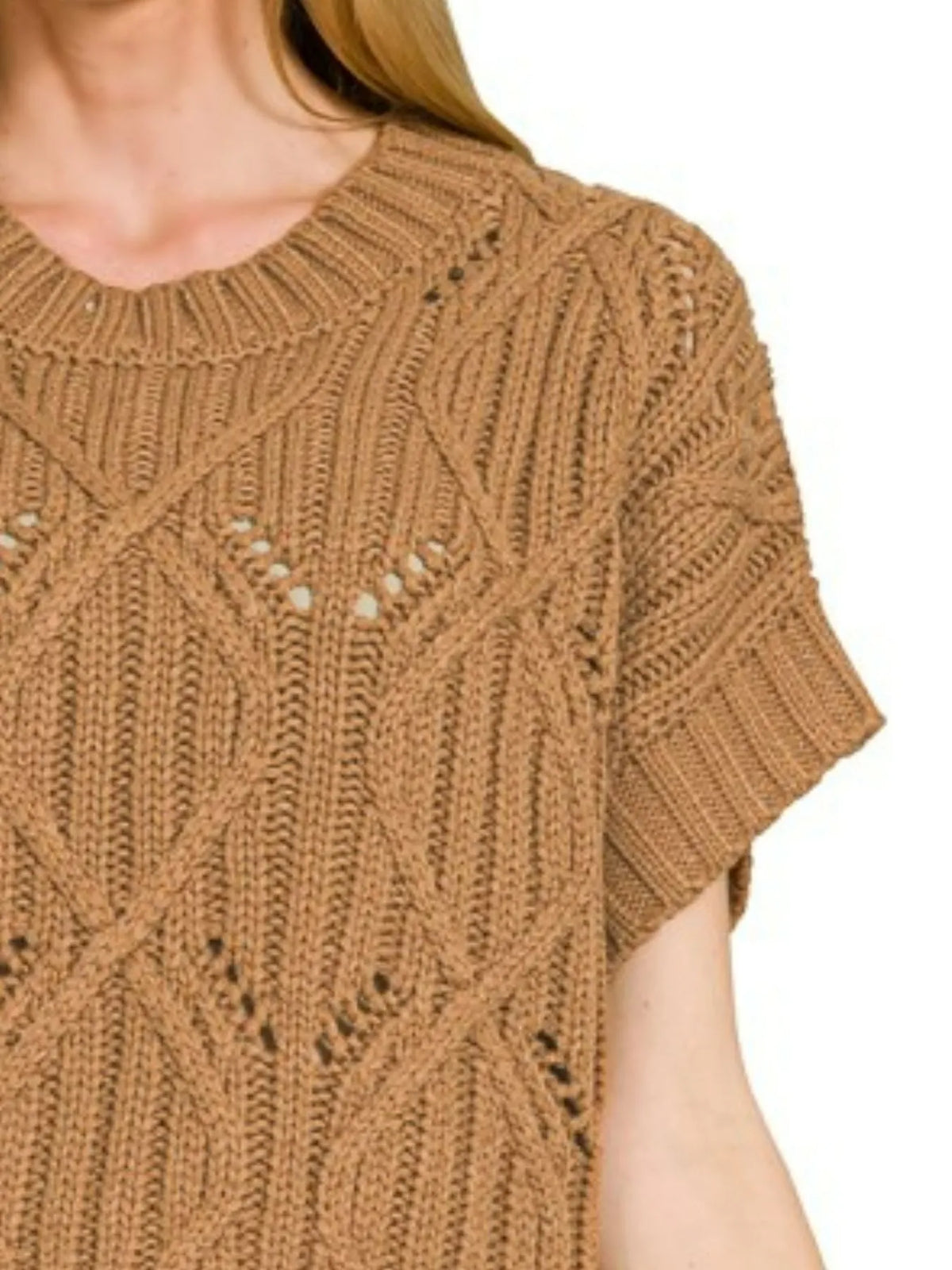 Zenana Harvest Cable-Knit Sweater in deep camel — back view