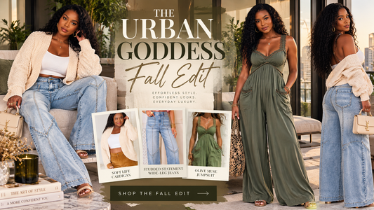 The Urban Goddess Fall Edit featuring cream cardigan, statement denim and olive jumpsuit
