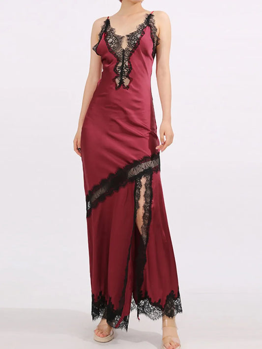Scarlet Muse burgundy lace slit maxi dress with black lace trim, front view