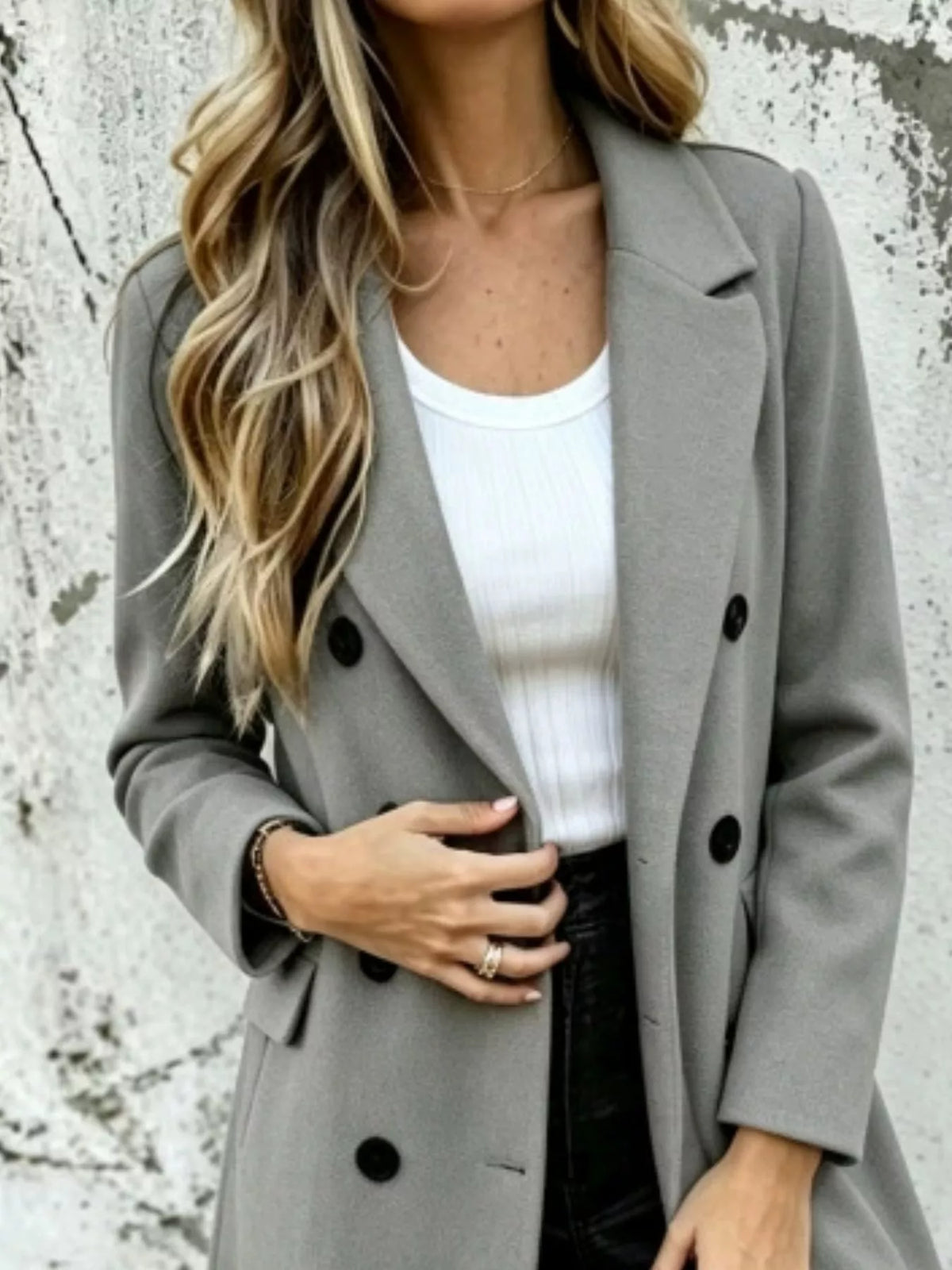 Double-breasted button front close-up — Sovereign lapel coat