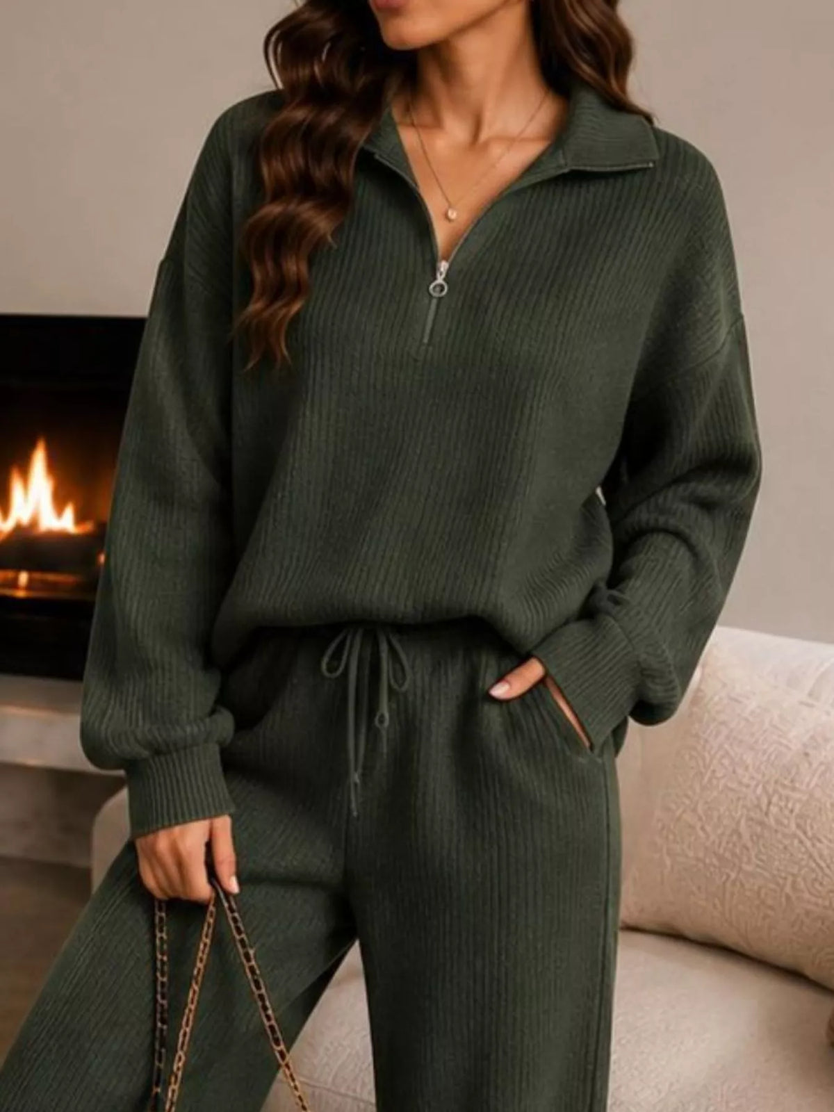 Back view of Willow ribbed quarter-zip lounge set