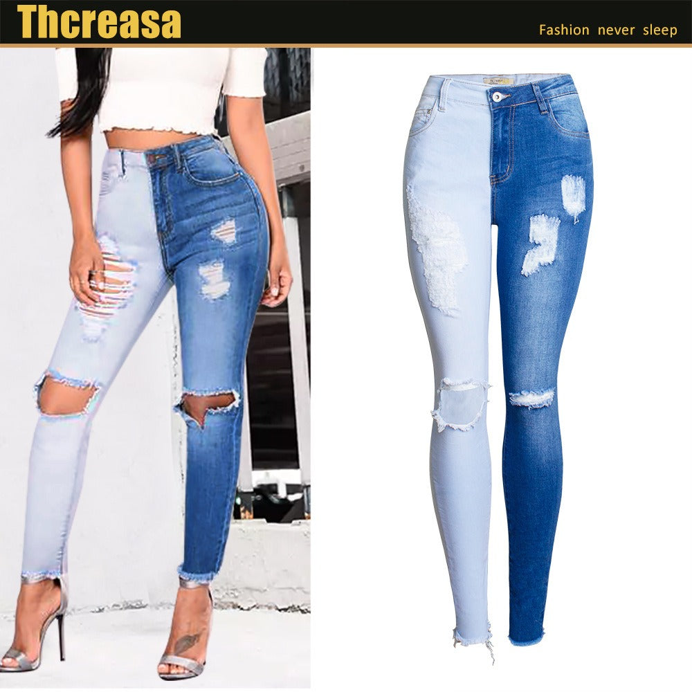 Goddess Edge Two-Tone Distressed Stretch Jeans - detail close-up