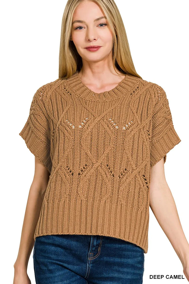 Zenana Harvest Cable-Knit Sweater in deep camel — front view on model