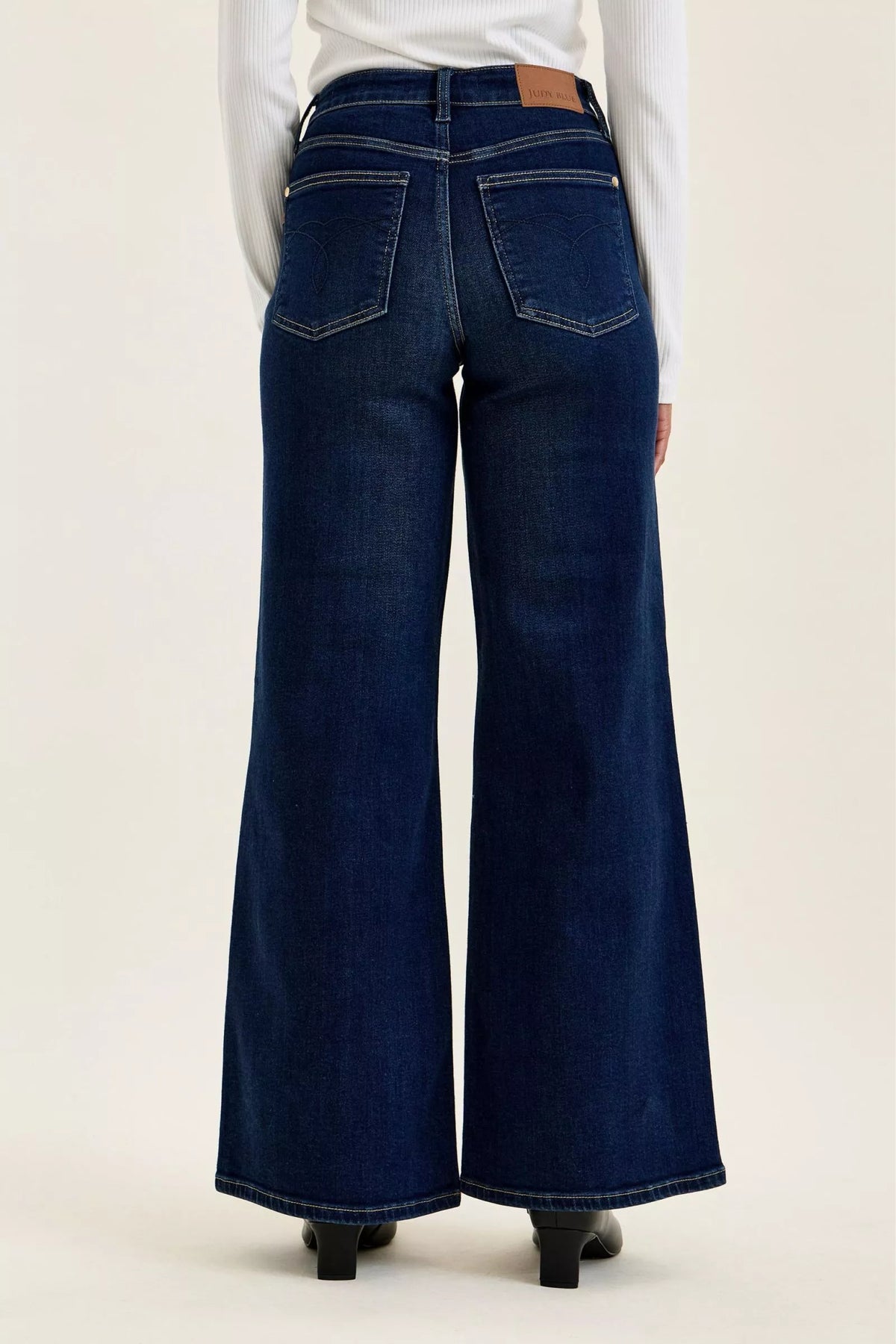 Judy Blue Dark-Wash Wide-Leg Jeans in dark wash denim — fabric detail