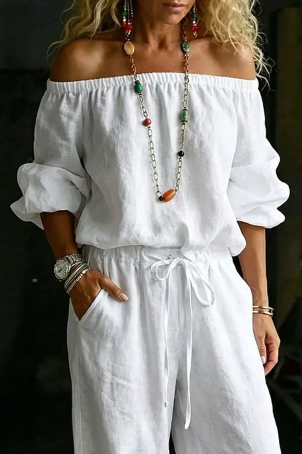Canyon Off-Shoulder Two-Piece Lounge Set in white — alternate angle
