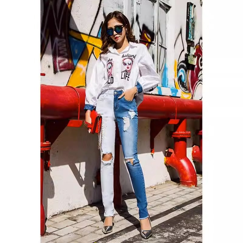 Goddess Edge Two-Tone Distressed Stretch Jeans - back view