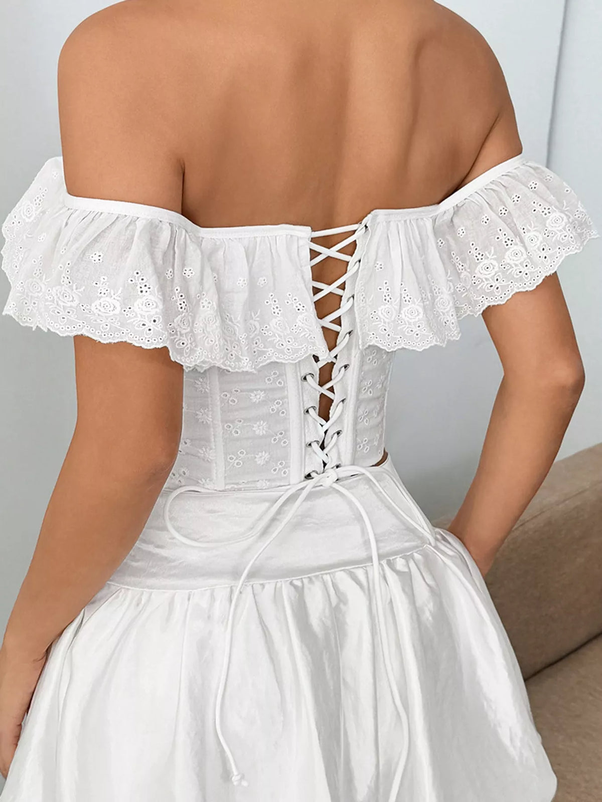 Duchess Eyelet Ruffle Corset Top in sky blue — close-up detail