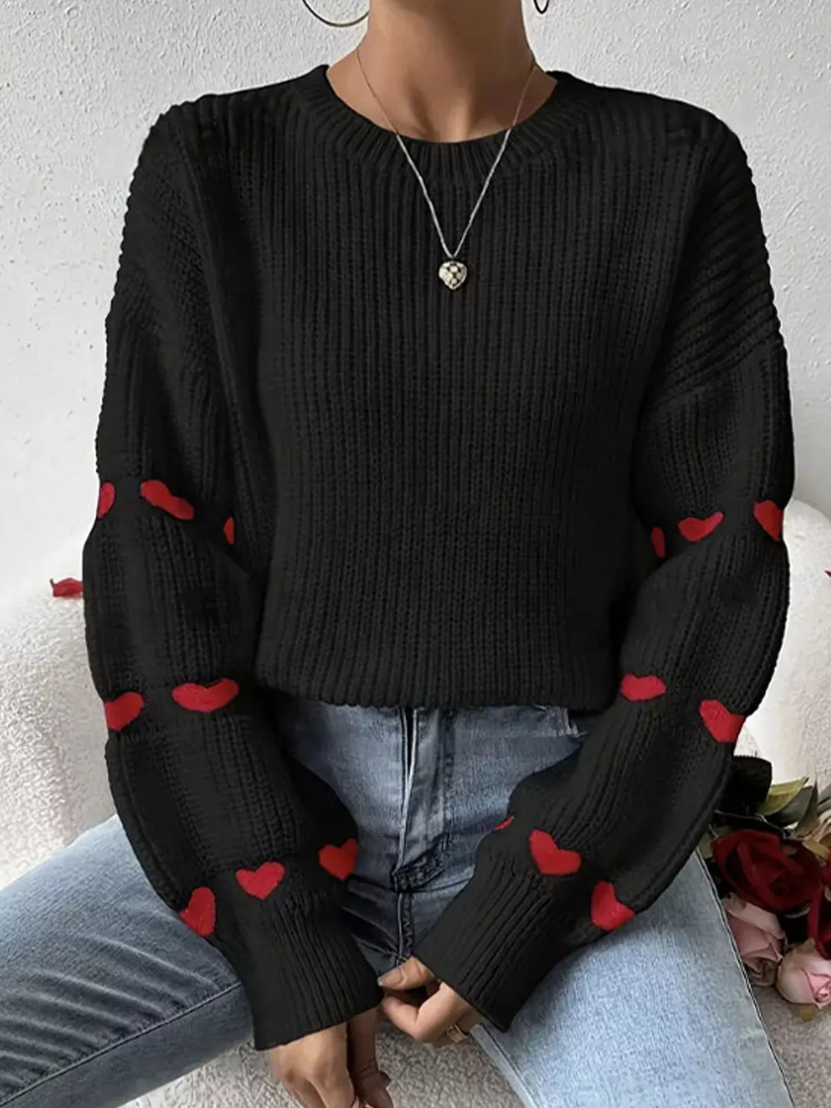 Amour Muse Heart Drop-Shoulder Sweater