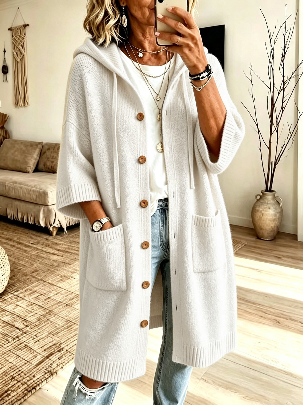 Goddess Cozy Hooded Knit Cardigan Coat - hem detail