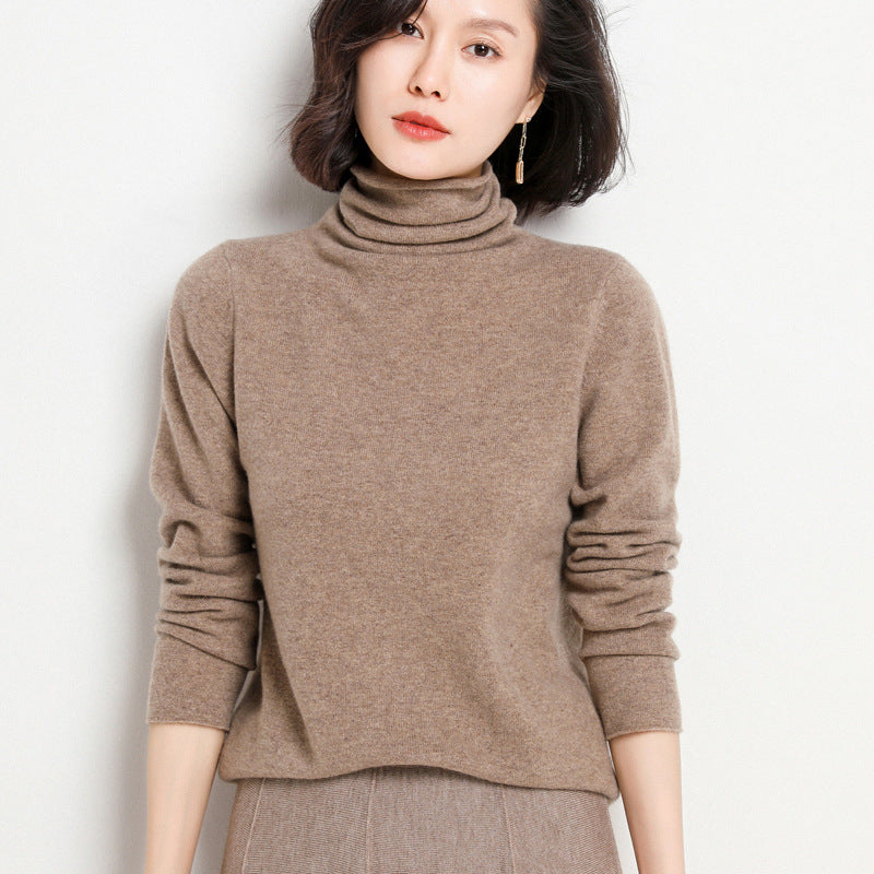 Elegant camel cashmere turtleneck sweater, side view