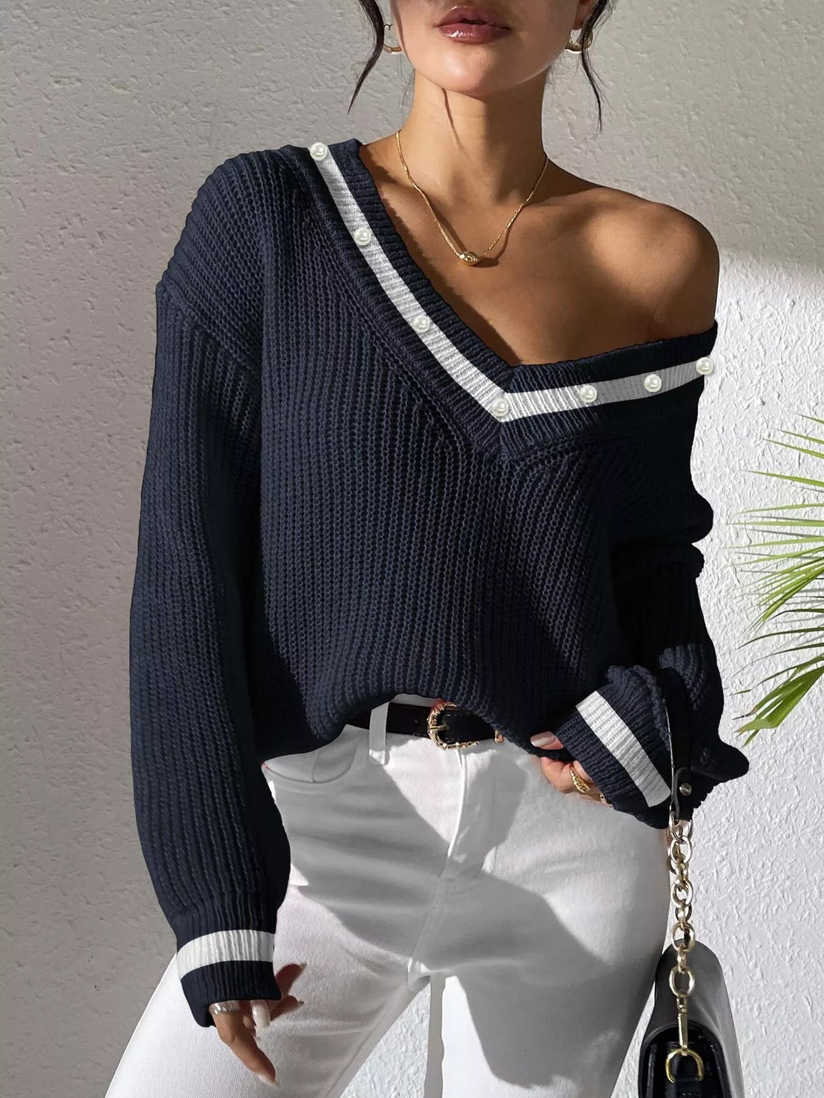 Parisian Muse Pearl-Trim V-Neck Sweater