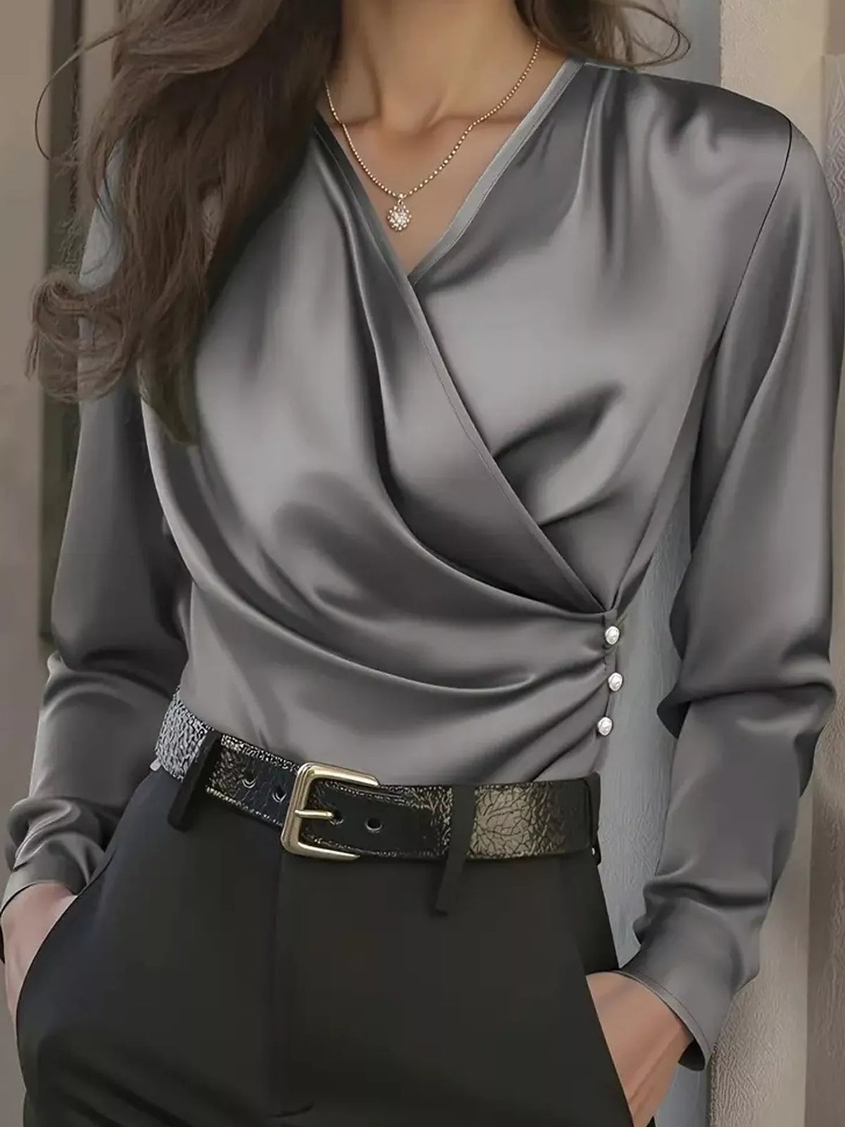Celeste Satin Surplice Blouse in ivory — styled flat lay