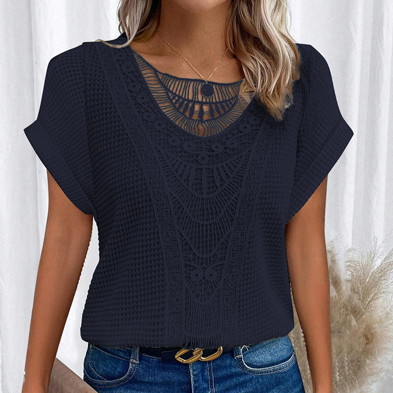 Boho Muse lace-yoke short sleeve sweater
