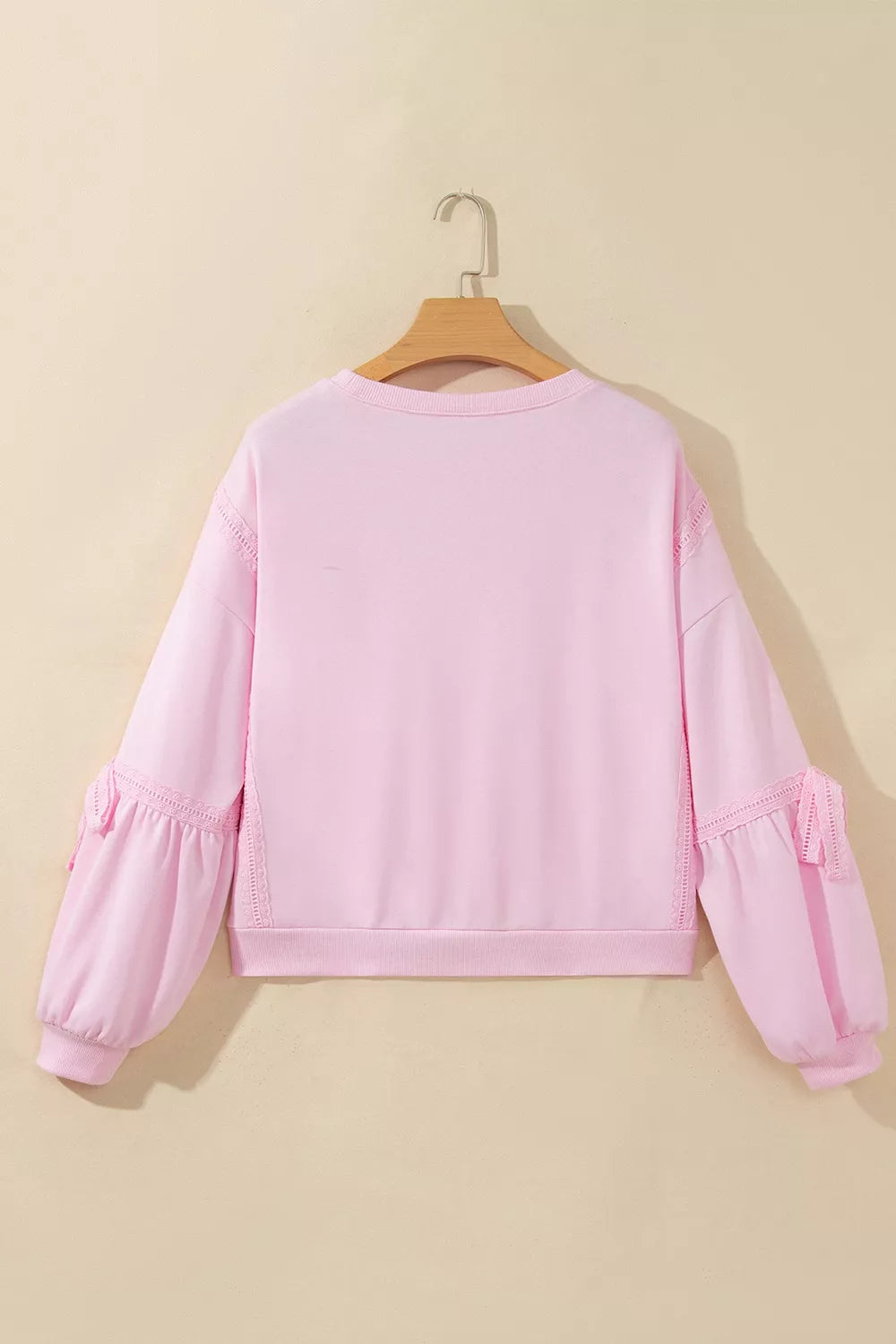 Birch Raw-Seam Lace Detail Sweatshirt in blush pink — styled flat lay