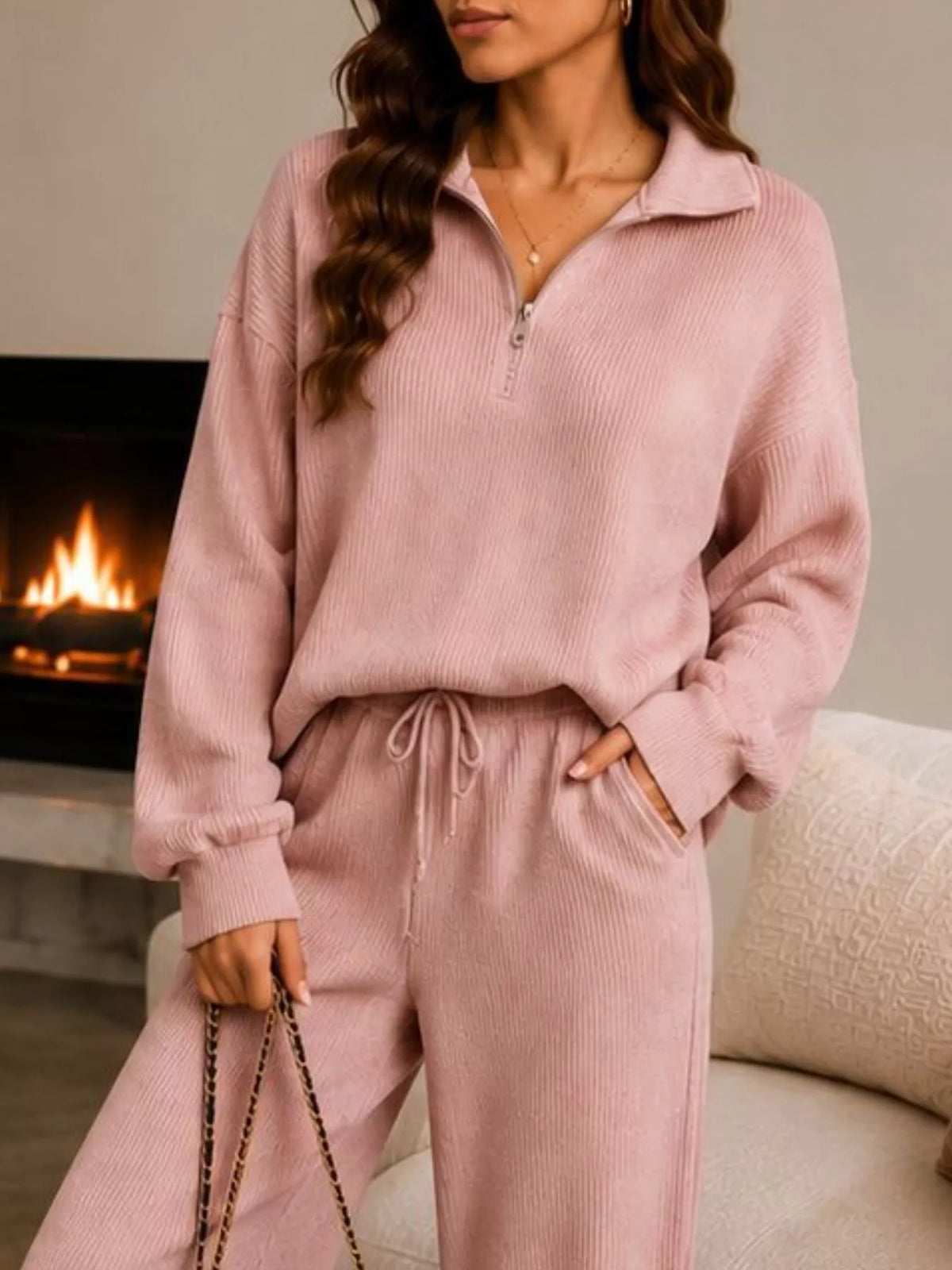 Back view of Willow ribbed quarter-zip lounge set