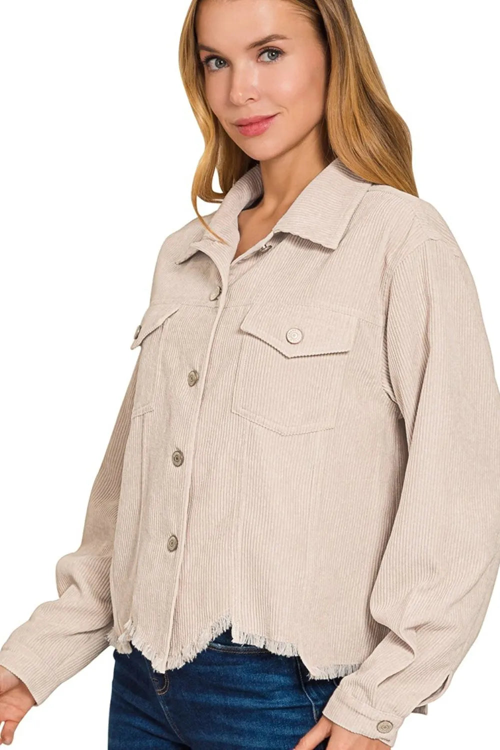 Zenana Sundown Corduroy Cropped Jacket in sand beige — alternate angle