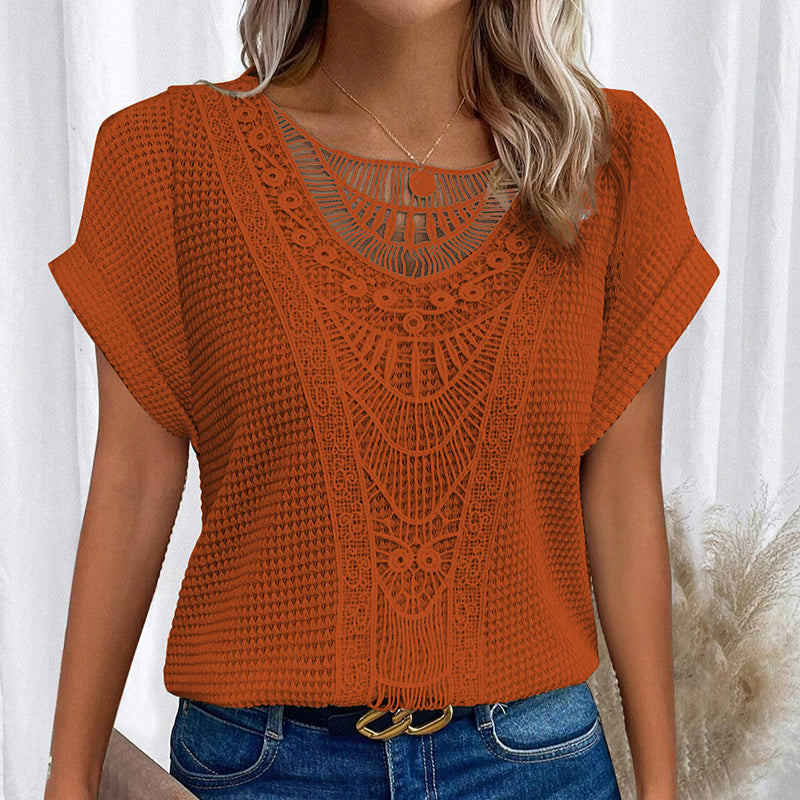 Boho Muse lace-yoke short sleeve sweater