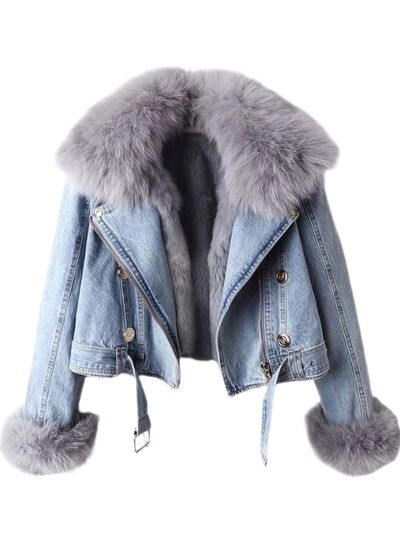 Opulent Faux Fur Collar Denim Jacket - front view