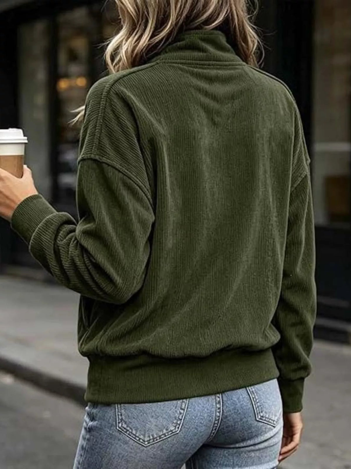 Back view of Lyric quarter-snap kangaroo pocket sweatshirt