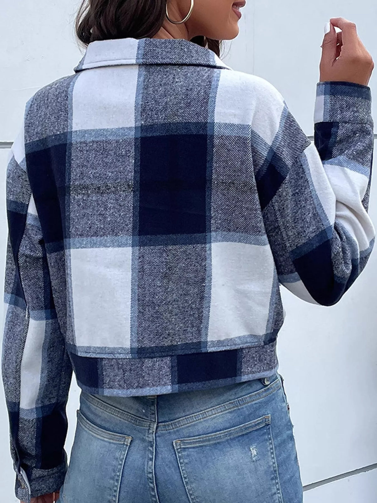 Highland Plaid Cropped Jacket in blue plaid — close-up detail