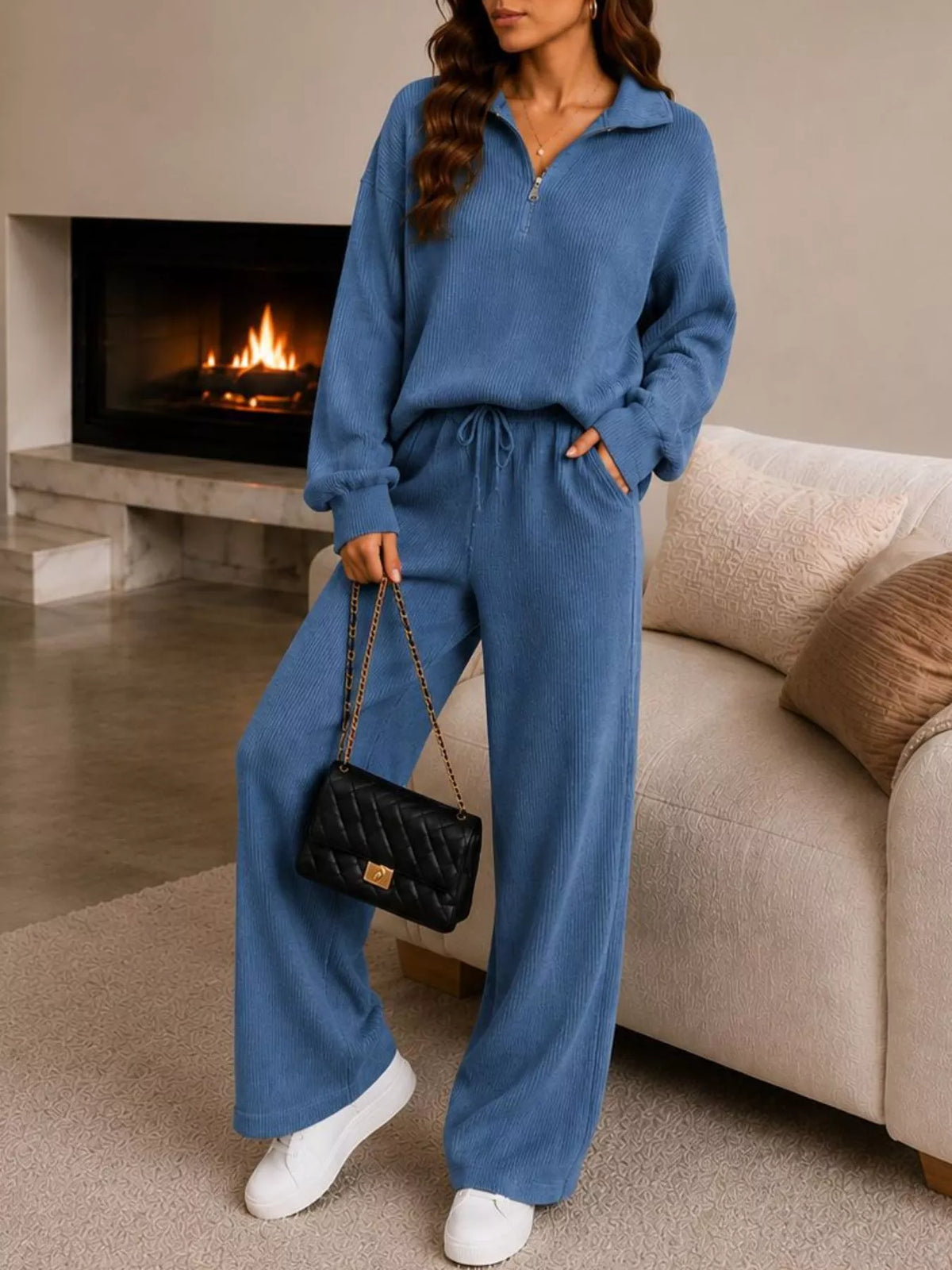Ribbed knit quarter-zip top detail — Willow lounge set