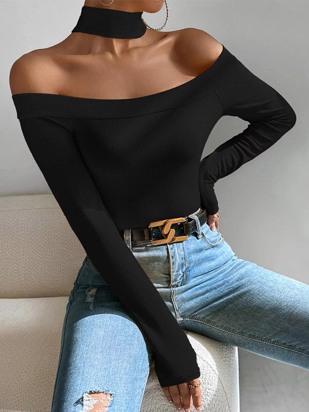 Venus Off-Shoulder Choker Knit Top in black — alternate angle