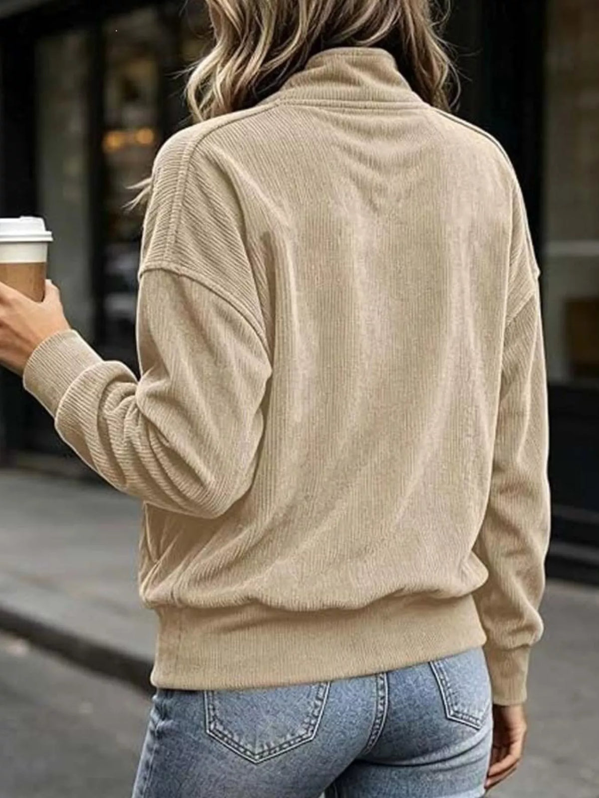 Back view of Lyric quarter-snap kangaroo pocket sweatshirt