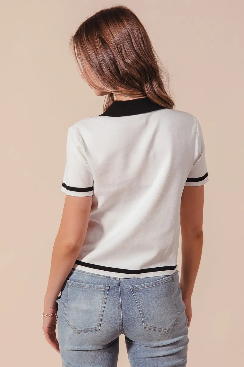 SO ME Ivory Noir Knit Shirt Top in ivory and black — alternate angle