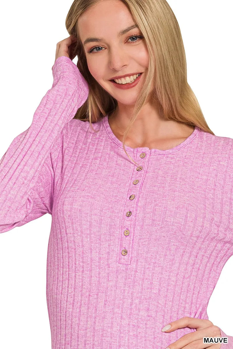 Zenana Mauve Ribbed Half-Button Top in mauve — back view