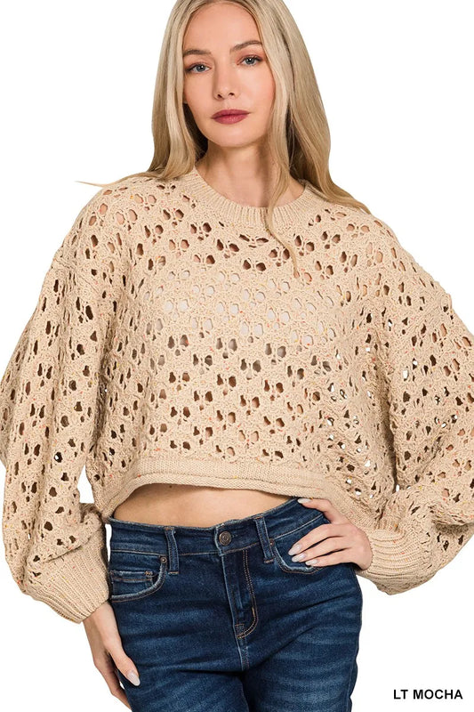 Zenana Wanderer Crochet Knit Sweater in light mocha — front view on model