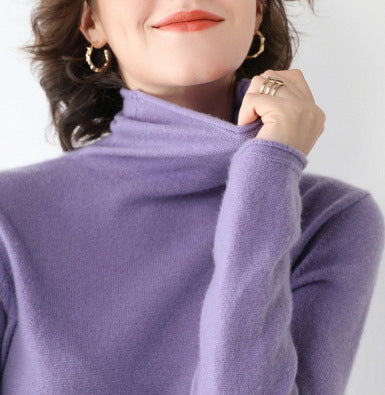 Coffee brown cashmere turtleneck sweater on model, three-quarter view