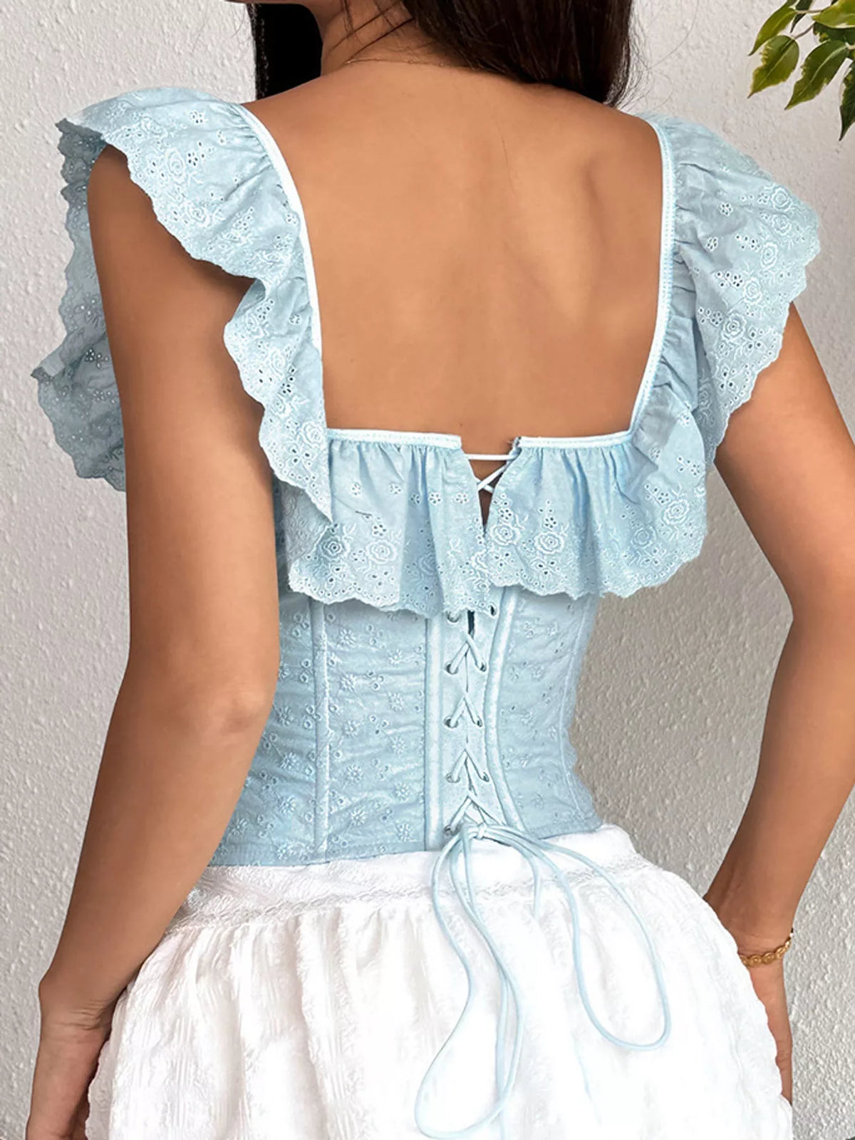 Duchess Eyelet Ruffle Corset Top in sky blue — fabric detail