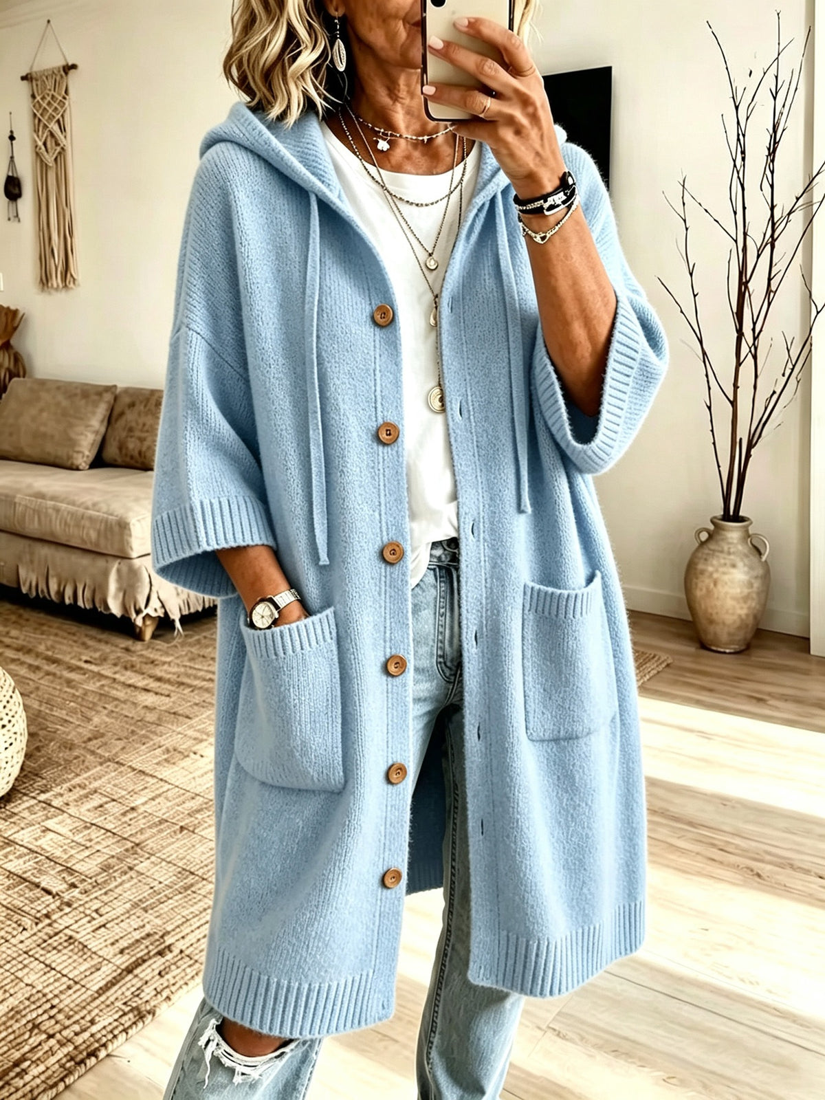 Goddess Cozy Hooded Knit Cardigan Coat - button front close-up