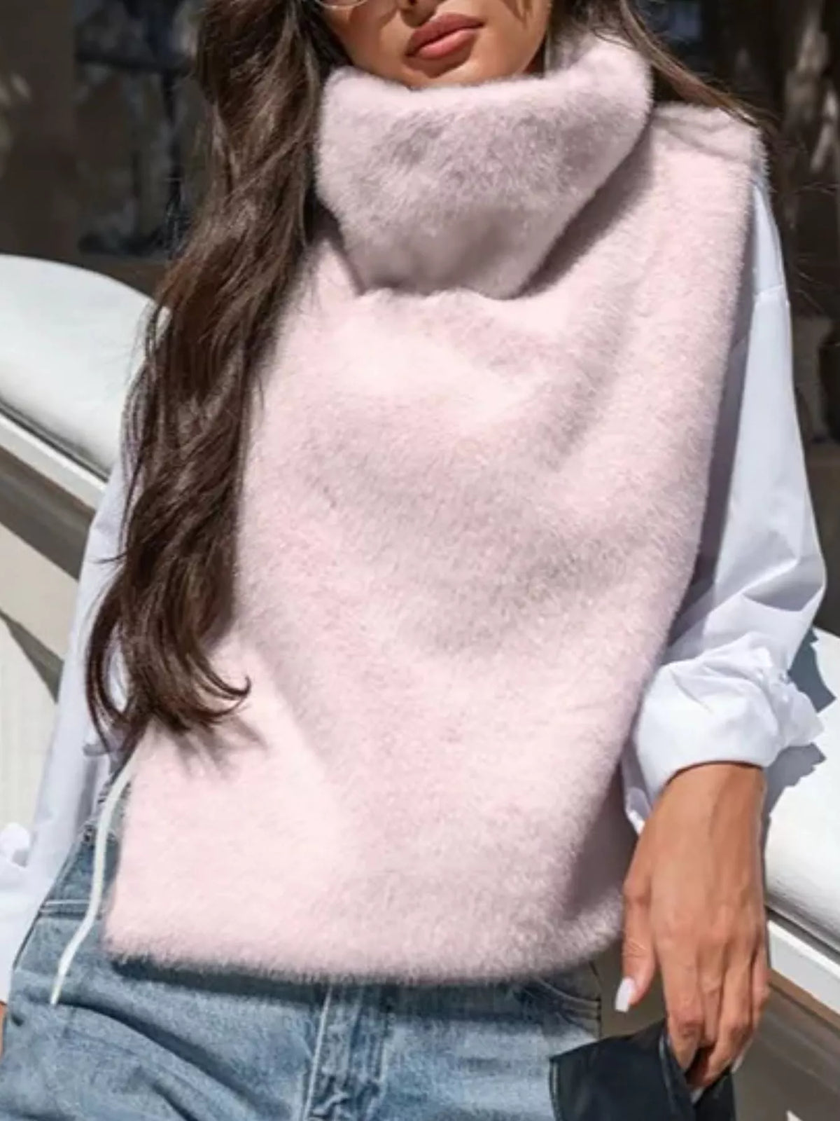 Opal Plush Turtleneck Vest Coat in blush pink — front view on model