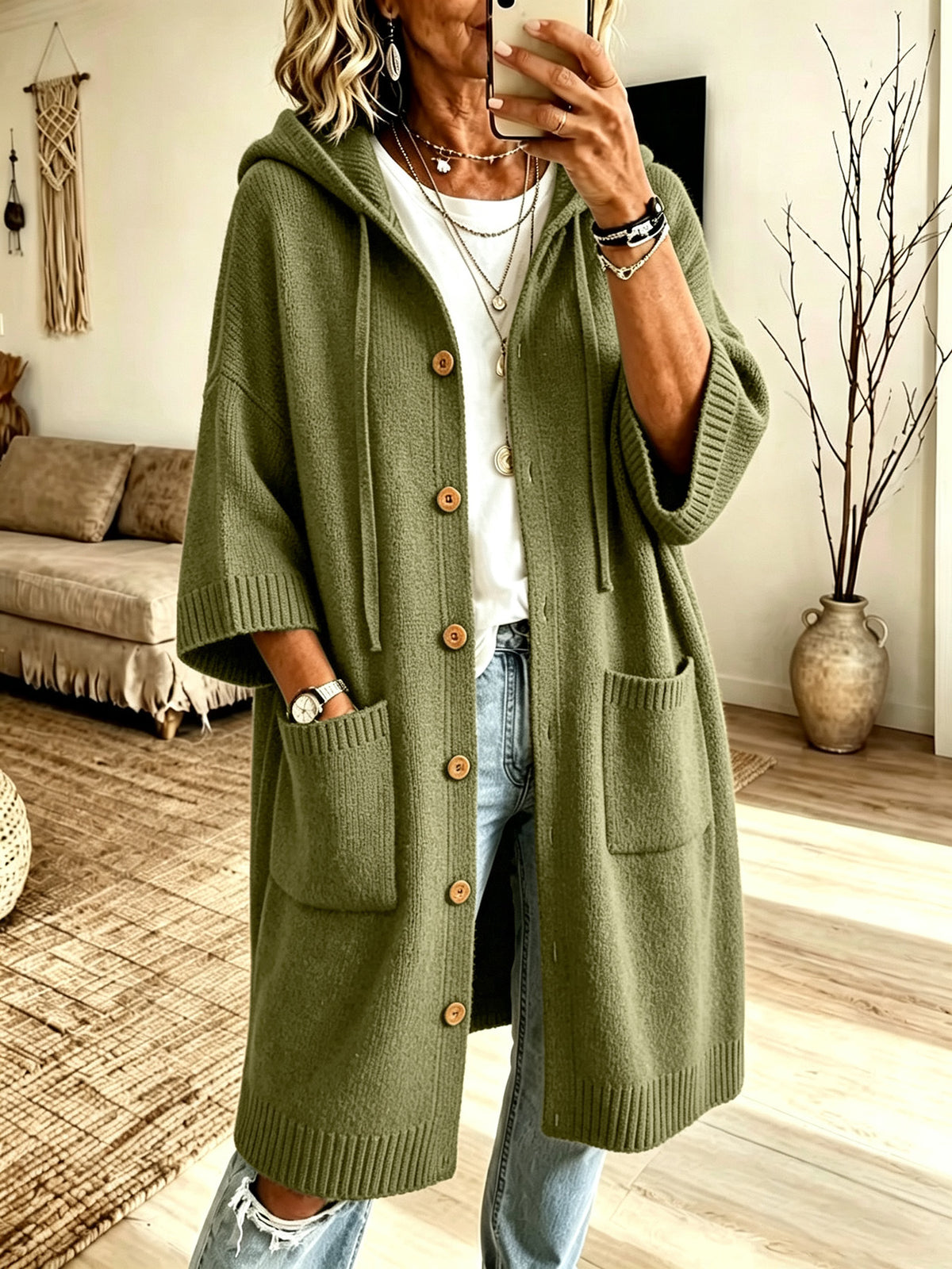 Goddess Cozy Hooded Knit Cardigan Coat - flat lay