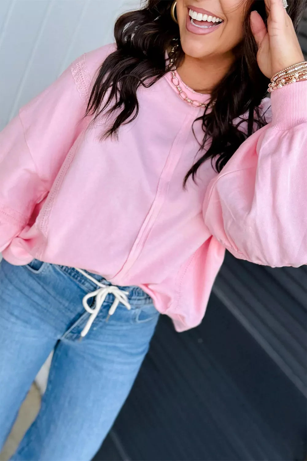 Birch Raw-Seam Lace Detail Sweatshirt in blush pink — alternate angle