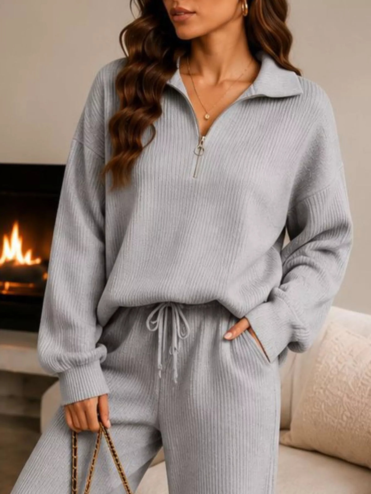 Back view of Willow ribbed quarter-zip lounge set