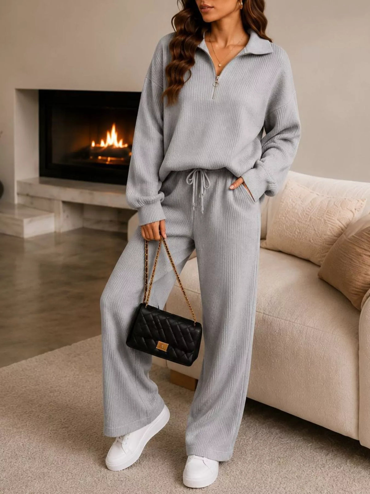 Back view of Willow ribbed quarter-zip lounge set