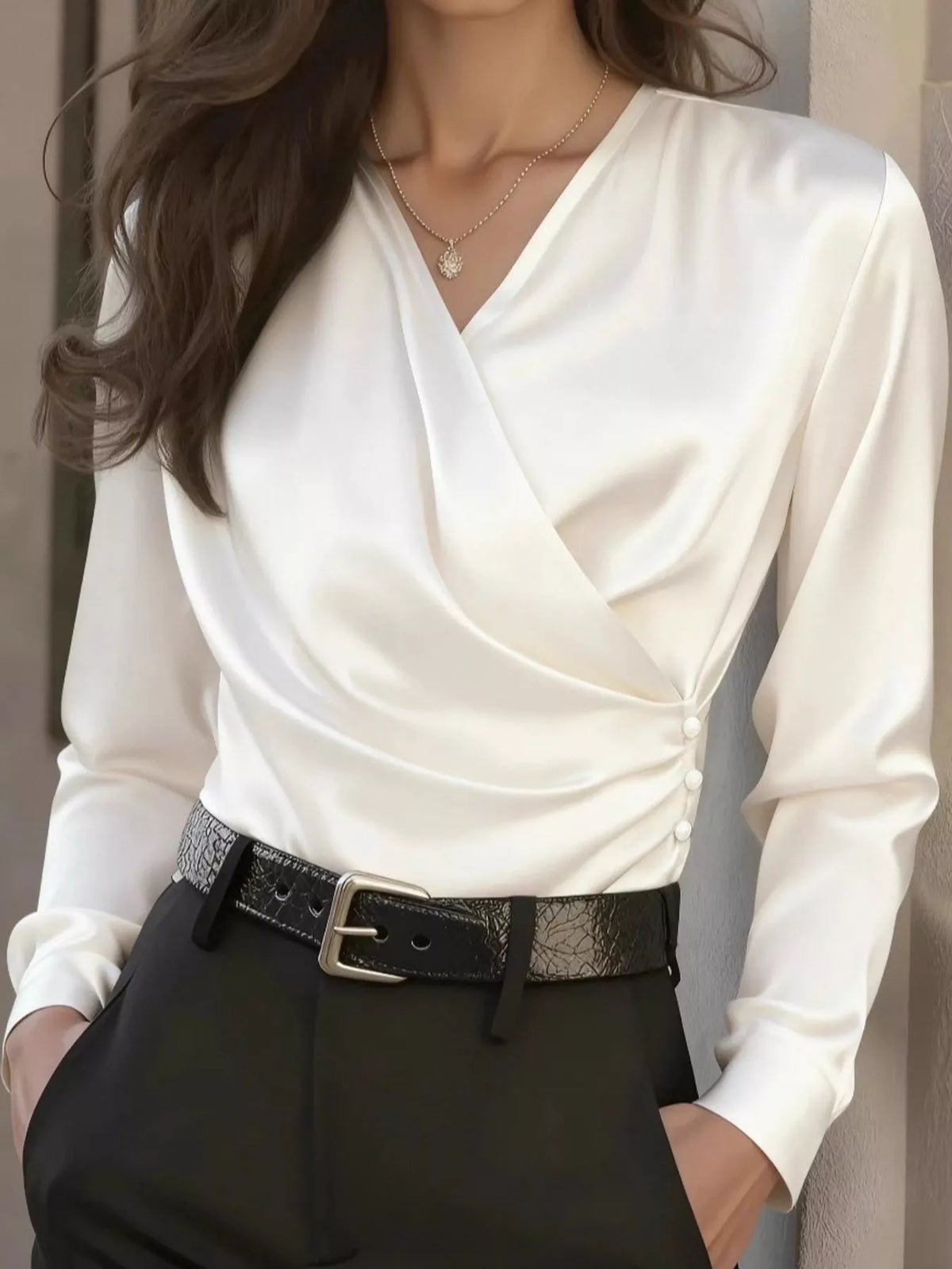 Celeste Satin Surplice Blouse in ivory — front view on model