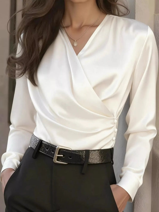 Celeste Satin Surplice Blouse in ivory — front view on model