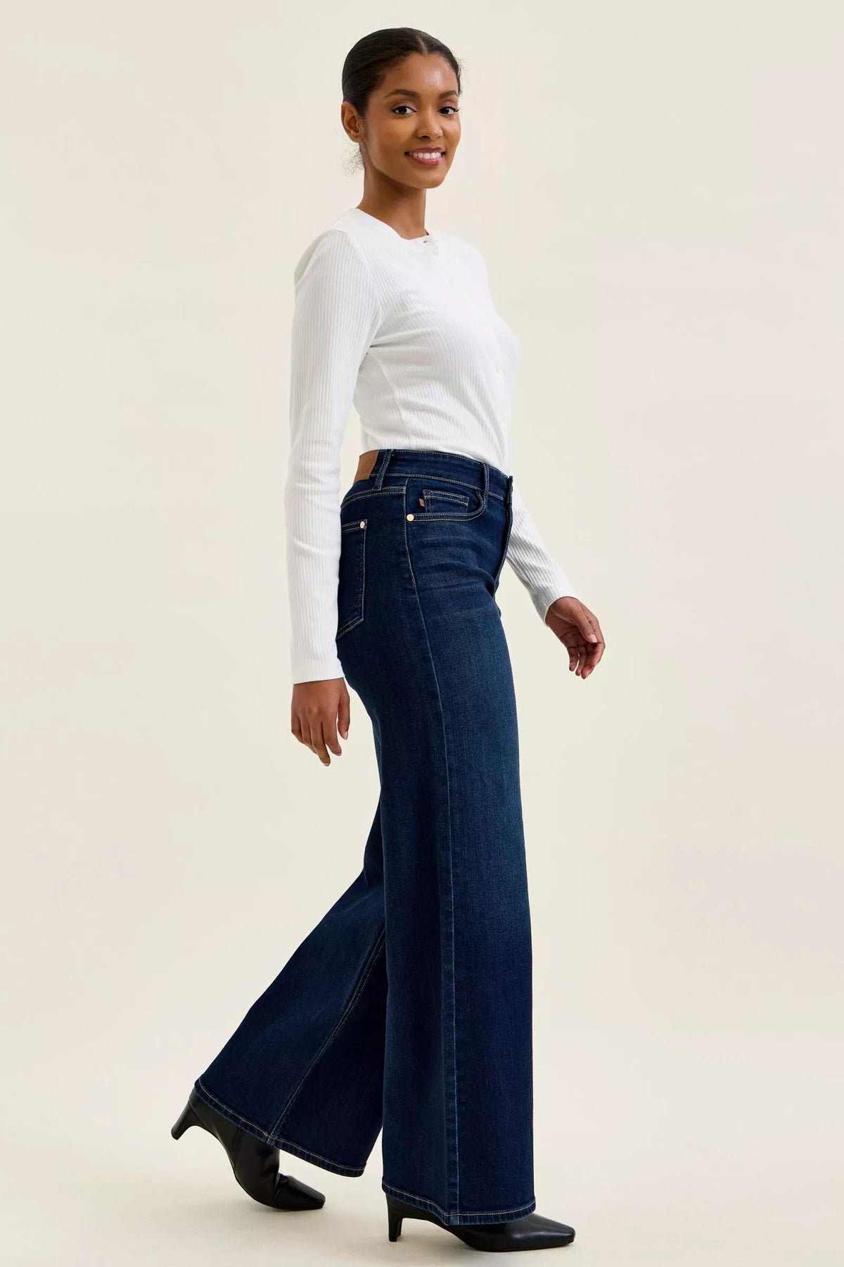Judy Blue Dark-Wash Wide-Leg Jeans in dark wash denim — styled flat lay