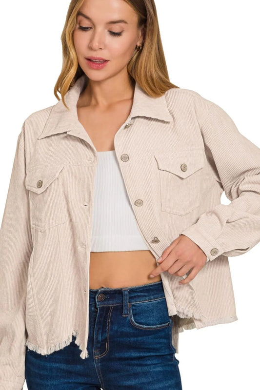 Zenana Sundown Corduroy Cropped Jacket in sand beige — front view on model