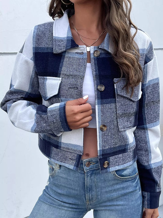 Highland Plaid Cropped Jacket in blue plaid — front view on model