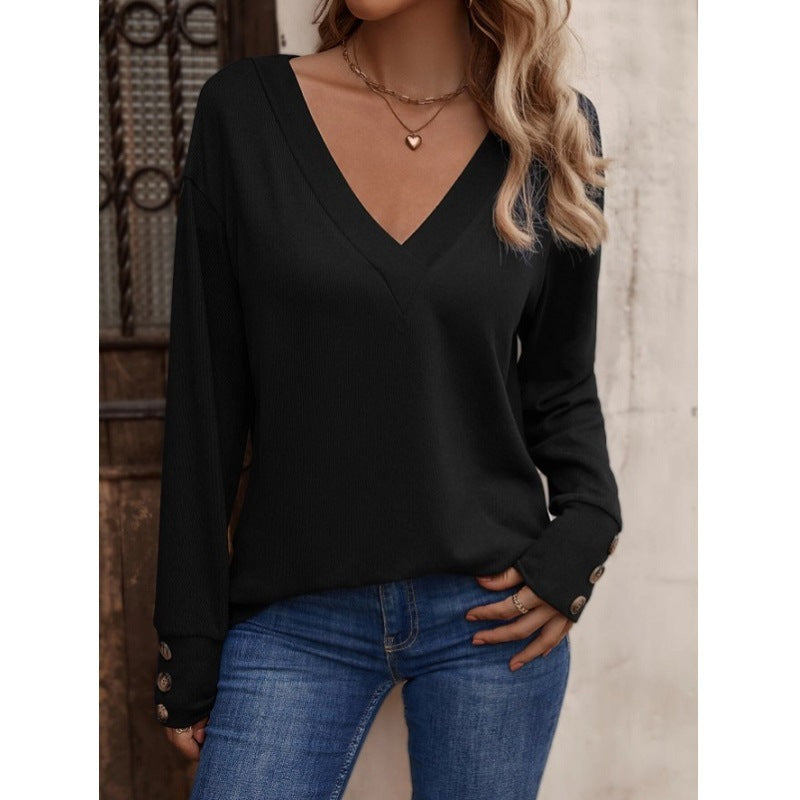 Nocturne v-neck button-cuff long sleeve tee in black, front view