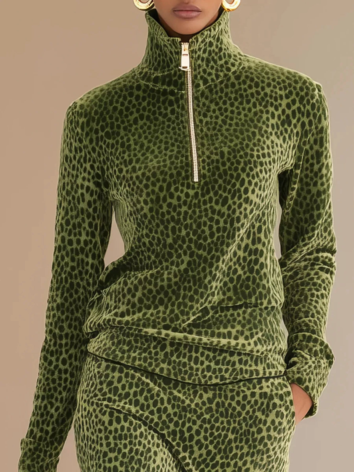 Huntress leopard velour quarter-zip skirt set — full length view