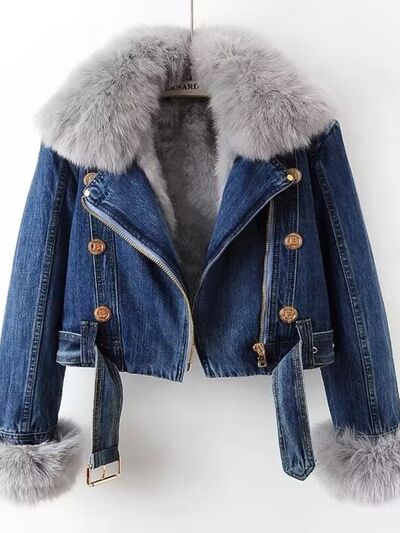 Opulent Faux Fur Collar Denim Jacket - lifestyle view