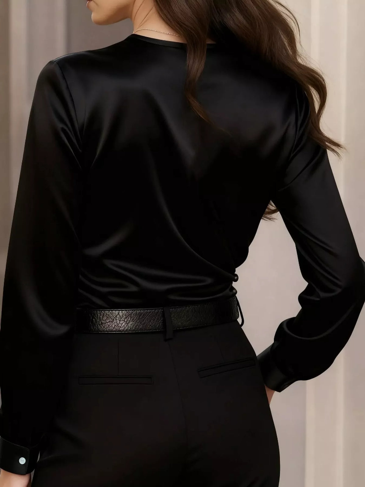 Celeste Satin Surplice Blouse in ivory — on-model view