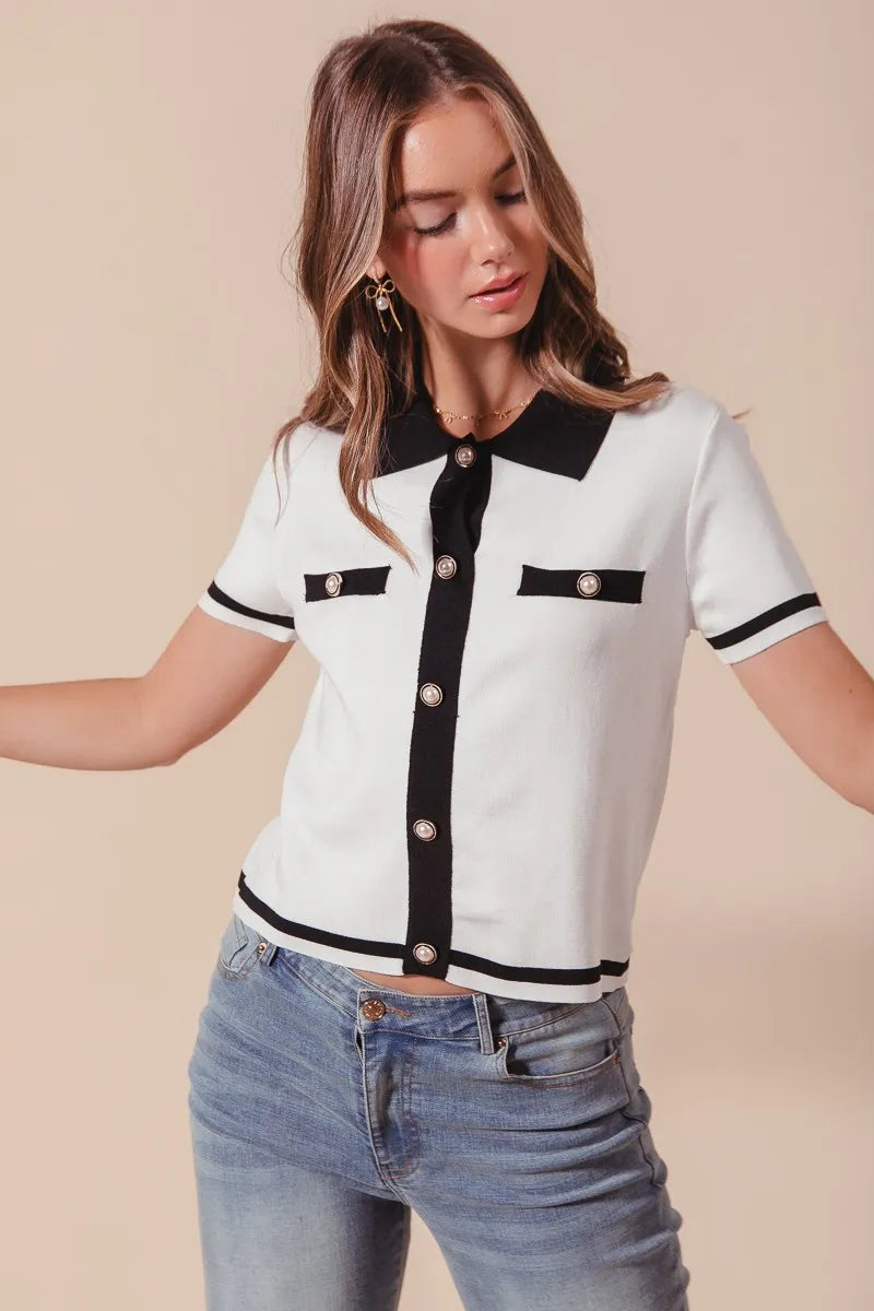 SO ME Ivory Noir Knit Shirt Top in ivory and black — flat lay